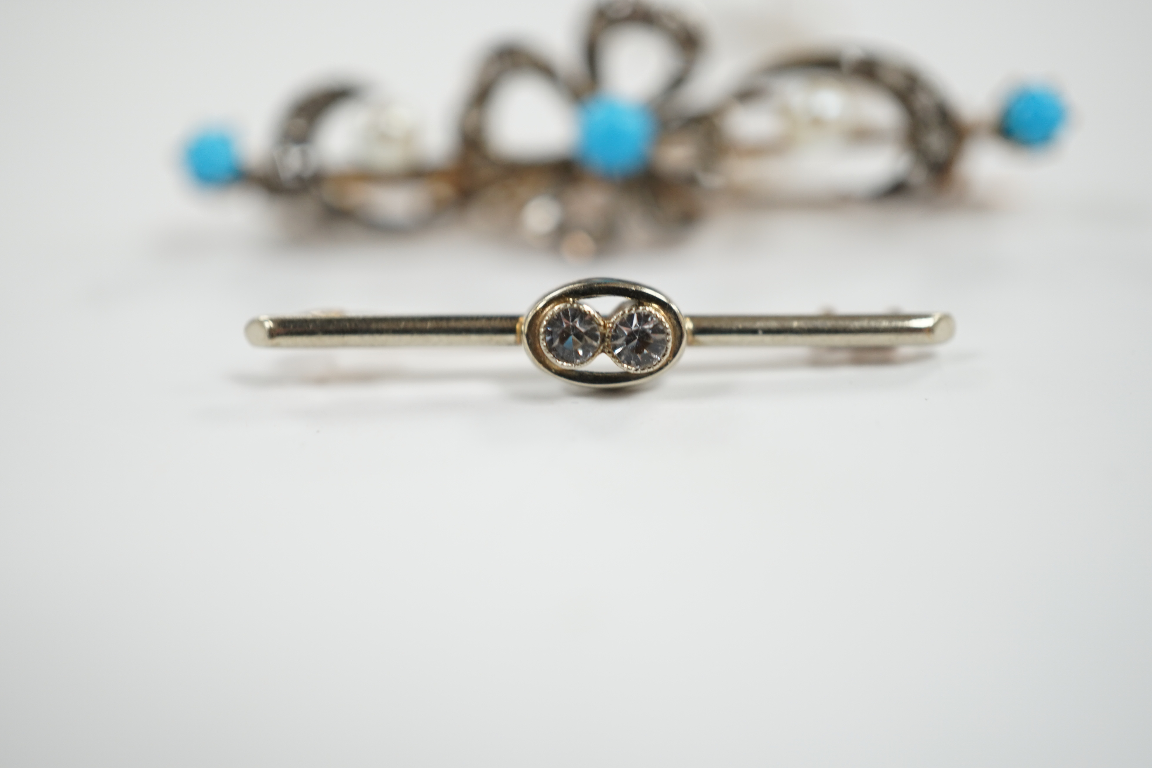 A Victorian yellow metal turquoise and rose cut diamond set bar brooch, 47mm and a simulated diamond set bar brooch.